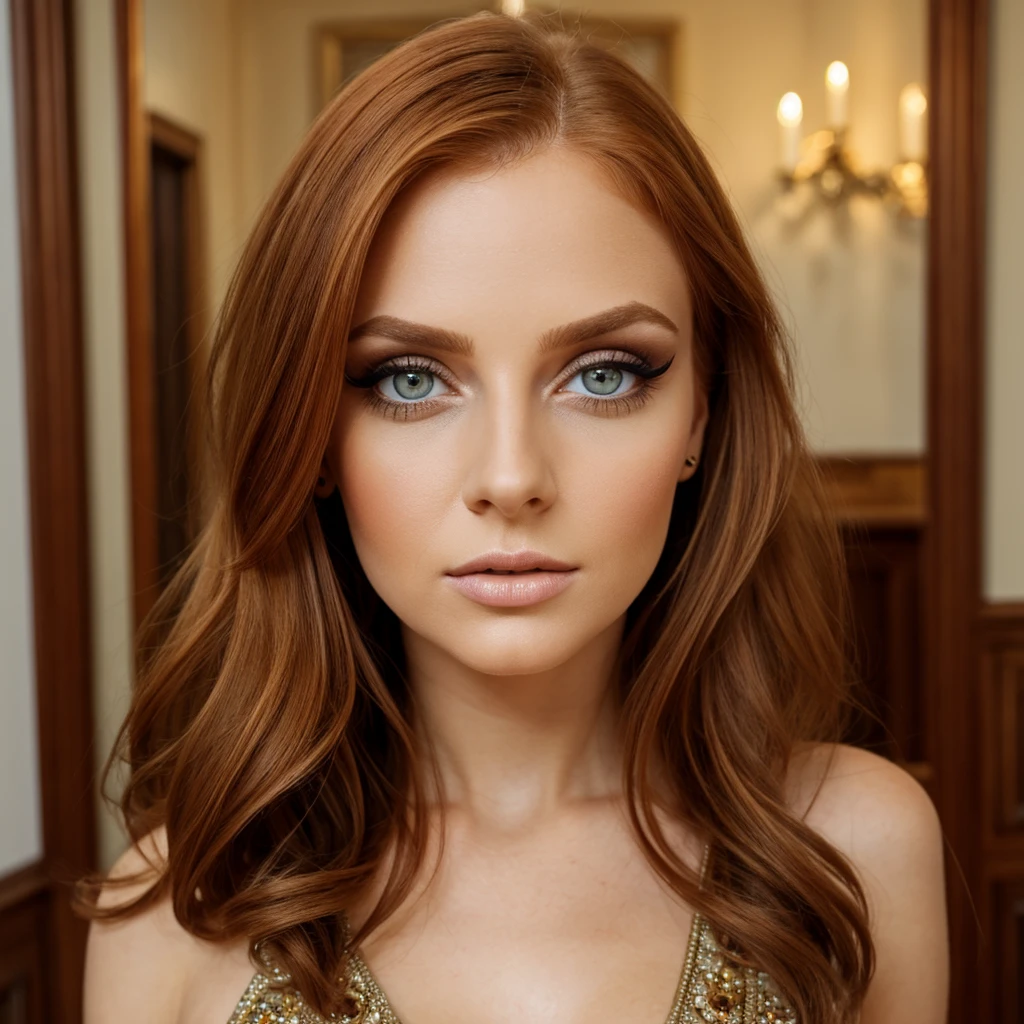 photorealistic, realistic, best quality, highest quality, masterpiece, award winning, extremely detailed, highly detailed, inside house, ukranian woman, attractive, beautiful, glamorous, sophisticated, ginger hair, big eyes, fair skin, cool hair, detailed face, detailed hands and fingers, wearing makeup, eyeshadow, eyeliner, wearing casual outfit standing, facing forward, facing viewer, looking forward, looking at viewer, upper half body portrait
