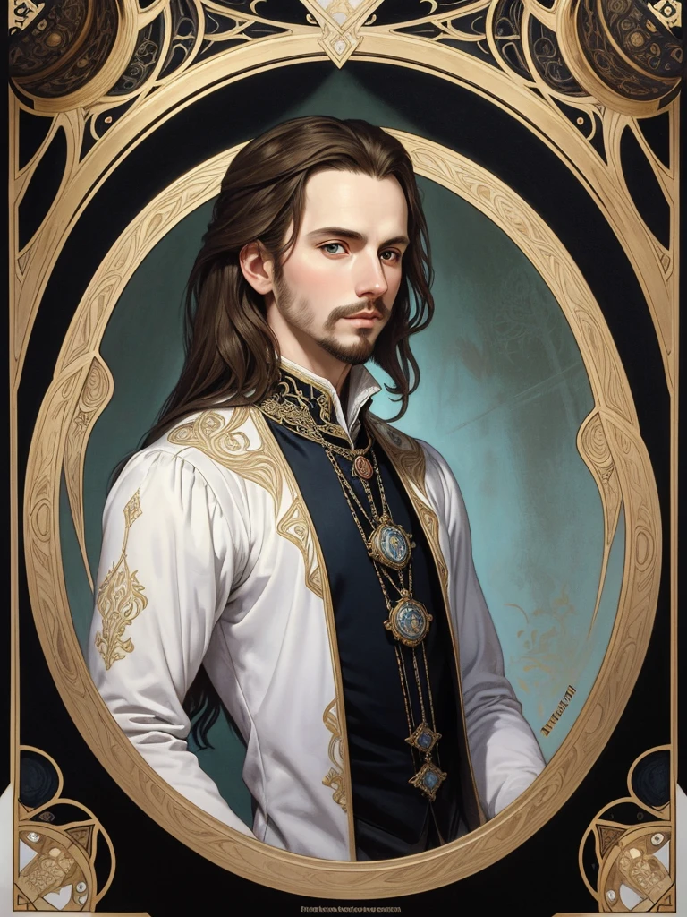 Portrait of Christopher Marlowe, extremely detailed face, white skin, piercing icy blue eyes, silky golden-brown hair, refined features, charp jawline, clean shaved, black Elizabethan velvet jerkin, white laced shirt, Art Nouveau style, Mucha style, Mucha background, realism, high quality