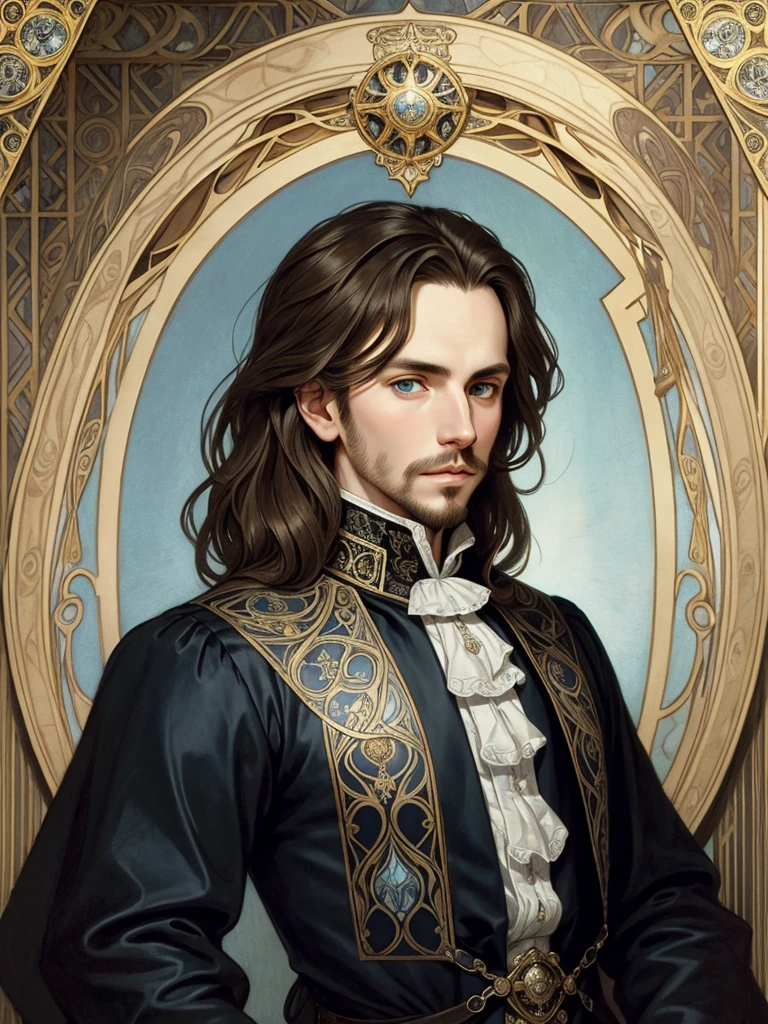 Portrait of Christopher Marlowe, extremely detailed face, white skin, piercing icy blue eyes, silky golden-brown hair, refined features, charp jawline, clean shaved, black Elizabethan velvet jerkin, white laced shirt, Art Nouveau style, Mucha style, Mucha background, realism, high quality