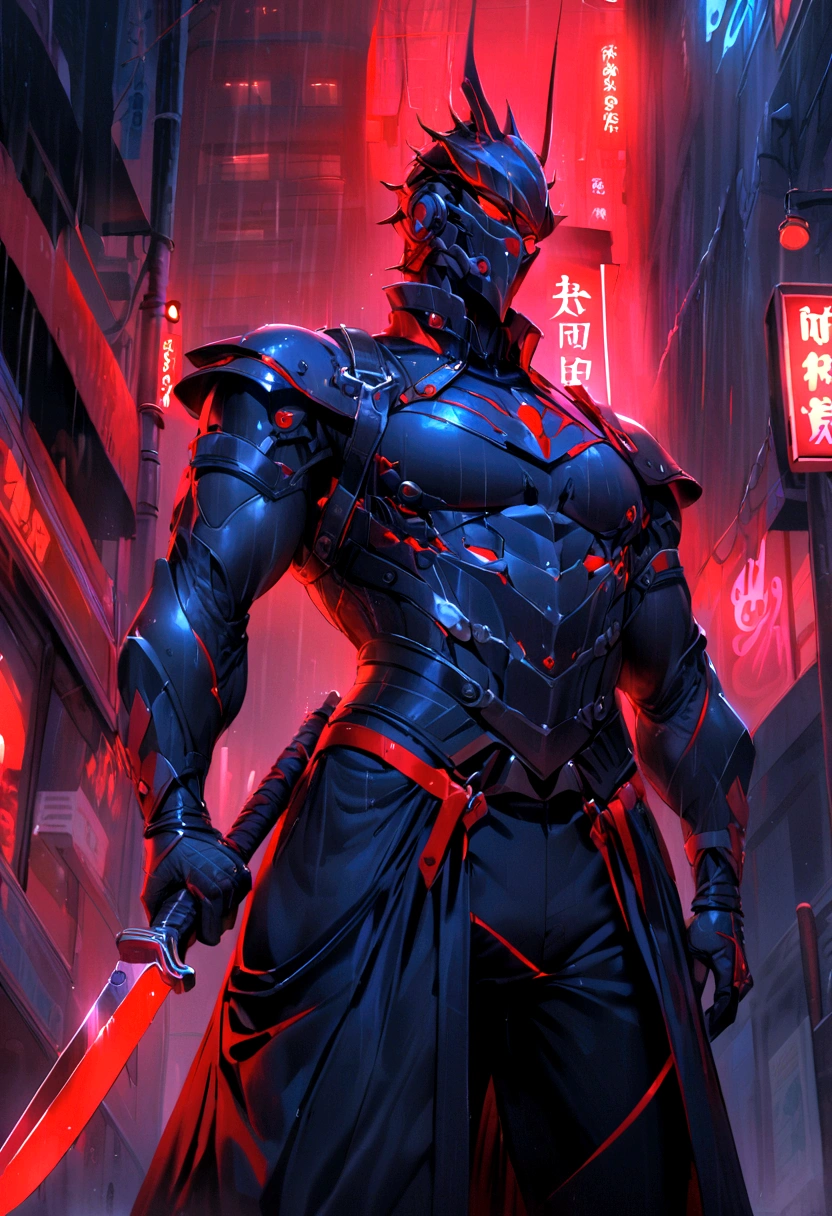 warrior，Long knife in hand，Clothing mainly in black and blue，Stand on the street，red neon light，Night，rain