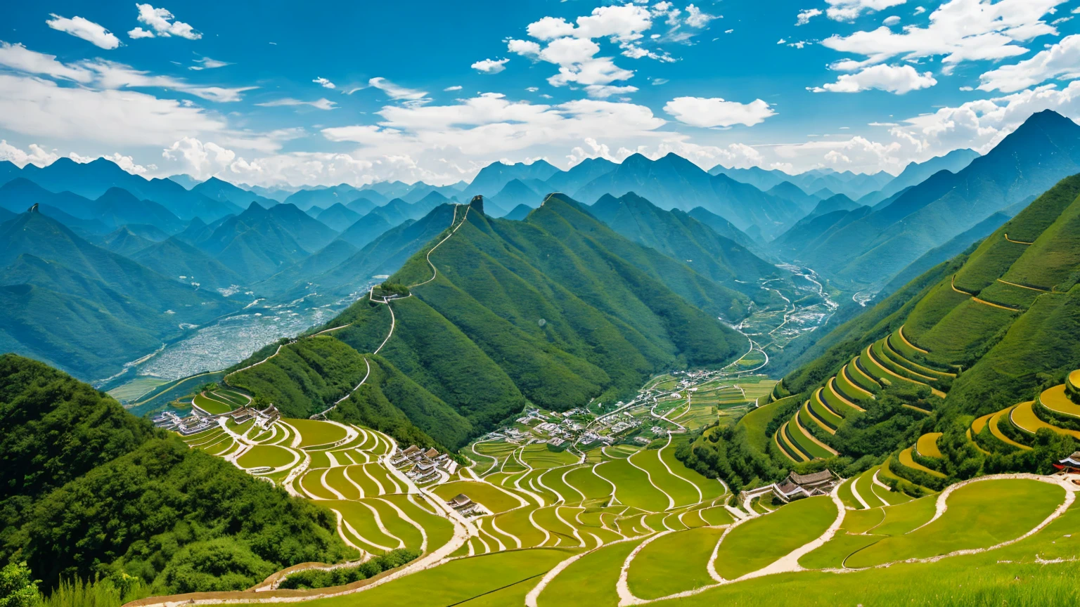 The ancient city is high in the mountains of China, the sky is blue and white, and grass is at the foot of the mountain
