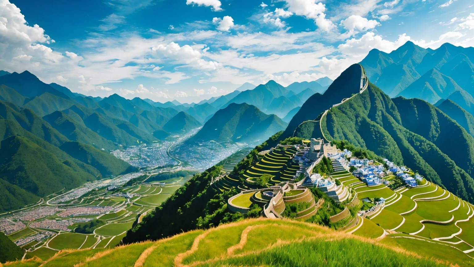 The ancient city is high in the mountains of China, the sky is blue and white, and grass is at the foot of the mountain