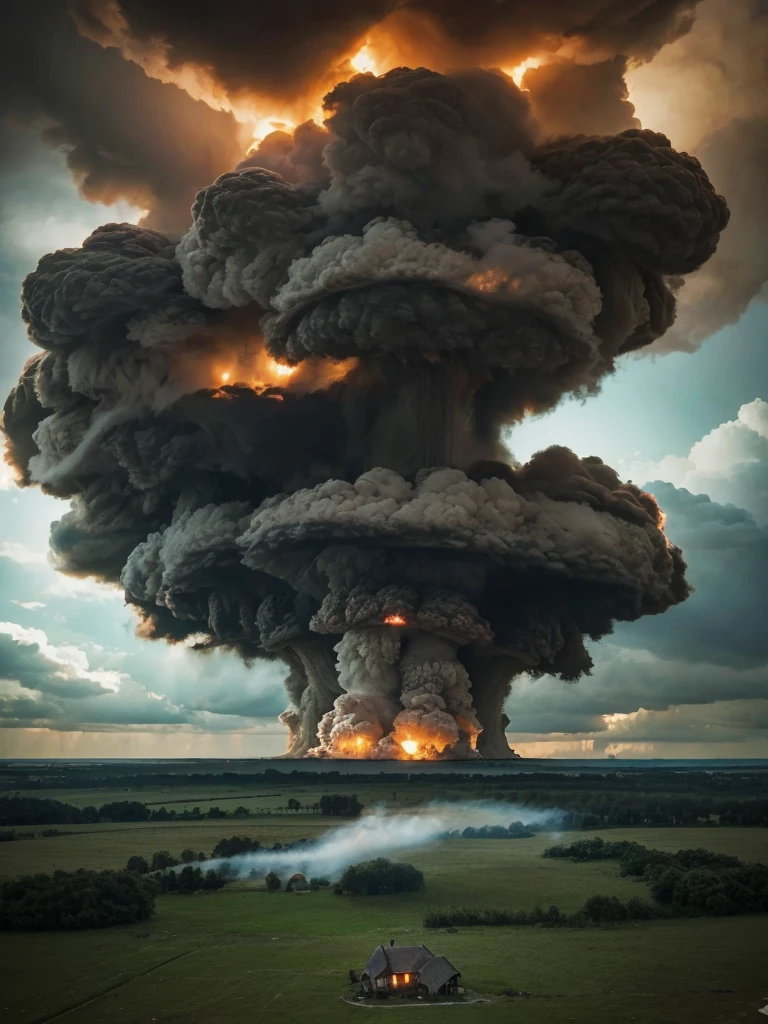 arafed tornado cloud over a field with a house in the distance, nuclear cloud, mushroom cloud, beautiful tornado, huge nuclear mushroom cloud, nuclear mushroom cloud, mushroom cloud on horizon, explosive storm, a massive tornado approaching, nuclear explosion!!!, nuclear mushroom, cloud vortex, nuclear explosion, huge storm, nuclear mushroom smoke, thunderstorm supercell, nuclear bomb explosion