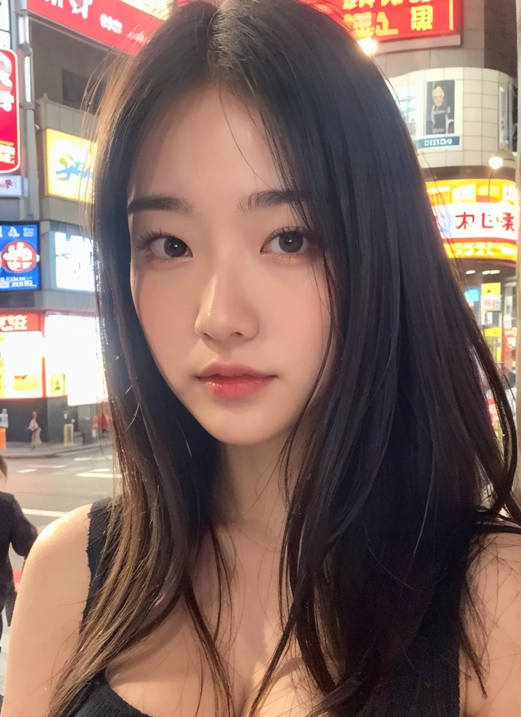 1girl, Tokyo street, night, cityscape, city lights, upper body, big, cleavage, sexy, closeup, 8k, raw photo, highest quality, masterpiece, realistic, photorealistic,