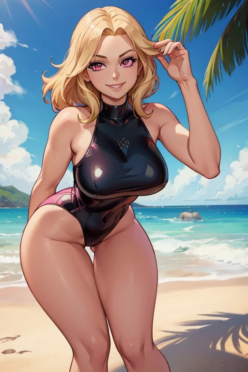 perfect face, perfect hands. A light haired woman with pink eyes and an hourglass figure in a leather one piece swimsuit is smiling on a beach while leaning forward