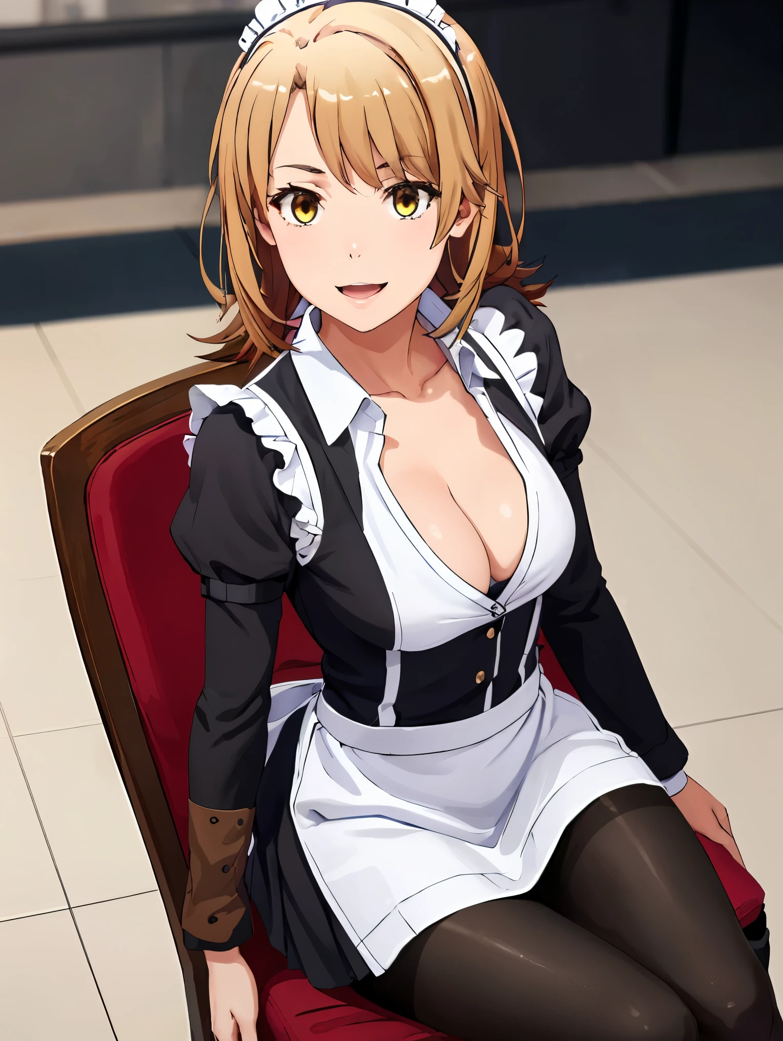 irohaisshiki, iroha isshiki, long hair, brown hair, (brown eyes:1.5),
BREAK (Maid clothes,she was wearing a miniskirt, black pantyhose:1.2),
BREAK He opened the collar of his shirt to show his cleavage...,smile, smile, open your mouth,smile, sitting cross-legged on a chair,Make sure the whole body is included in the illustration,
BREAK ((top quality, 8k, masterpiece: 1.3, ultra hd, high quality, best quality, high definition, realism)), sharp focus: 1.5, Beautiful woman with Slim body, (perfect hands, perfect anatomy),