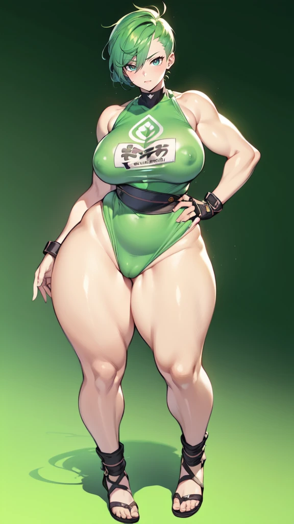 (masterpiece), best quality, female warrior, huge girl, female muscular:1.2, ((very short hair:1.6)), green hair, big breast, (thick thighs:1.6), (wide hips:1.4), (((blank background))), ((full body)), fingerless gloves, sandals, sleeveless, covered nipples, tshirt top, shaved hair, (buzzcut hairstyle), white socks