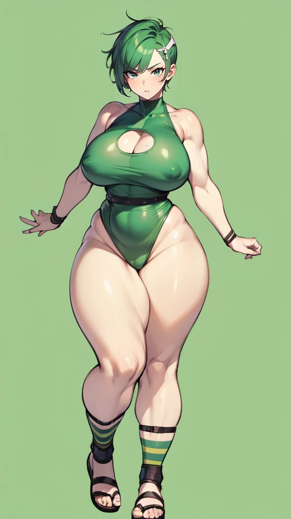 (masterpiece), best quality, female warrior, huge girl, female muscular:1.2, ((very short hair:1.6)), green hair, big breast, (thick thighs:1.6), (wide hips:1.4), (((blank background))), ((full body)), fingerless gloves, sandals, sleeveless, covered nipples, tshirt top, shaved hair, (buzzcut hairstyle), white socks