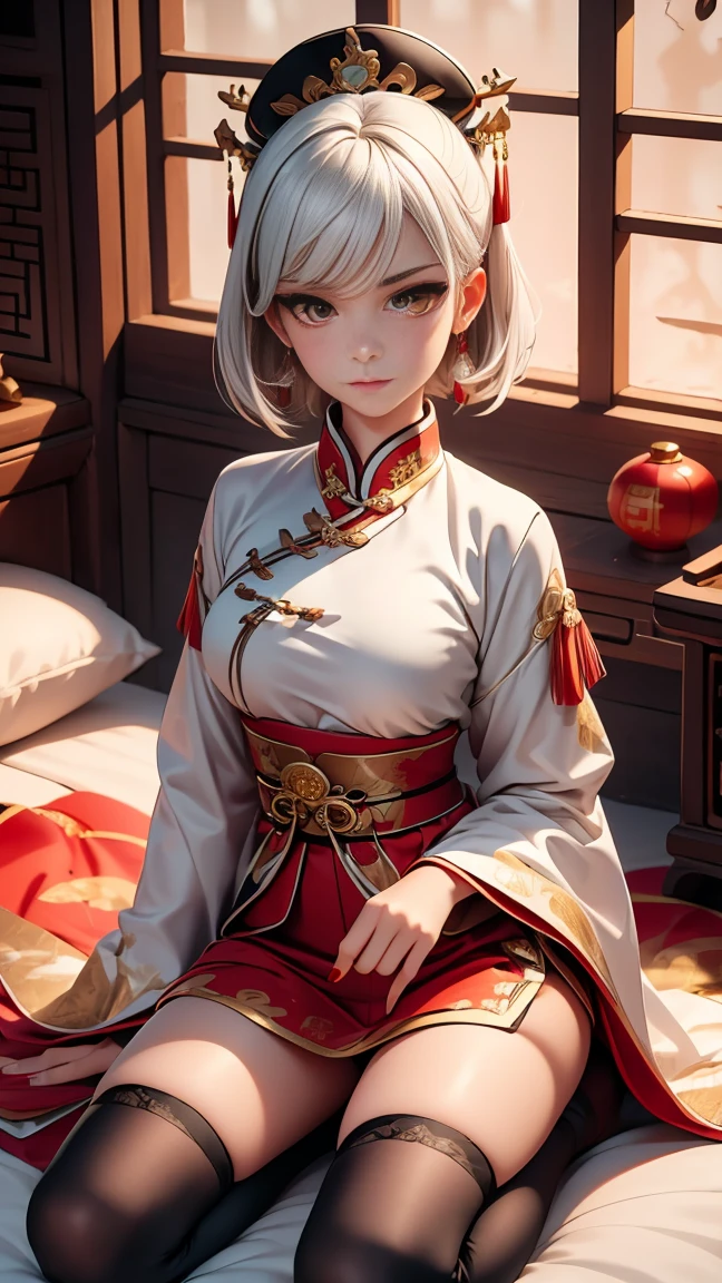 young girl , short silver bob hair, hair flower, sharp bangs between the eyes, yellow  eyes, eyes large, dominant look, cold stare, somewhat angry expression. traditional chinese imperial clothes black with gold details, red skirt, black thigh high socks. slenderbody. On your knees on the bed, kneeling. front point of view, far view. in a Japanese room, at night, with full moon in the background, light reflecting on the sexy and sweaty body. (((sweat)))