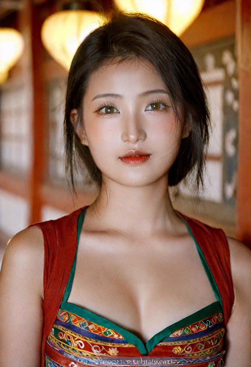 Bhutanese woman in traditional Bhutanese teunue in Paro in the heart of Bhutan, photography of stunning girl, in the city, enjoying, girl, summer, hot girl, (((small bust))), brunette hair, looks into the camera, symmetrical face, photorealistic, photography, spectacular lighting,, gorgeous, cleavage, western, (masterpice), best quality, high resolution, extremely detailed, skin with pores, blurred background, depth of field, cinematic lighting