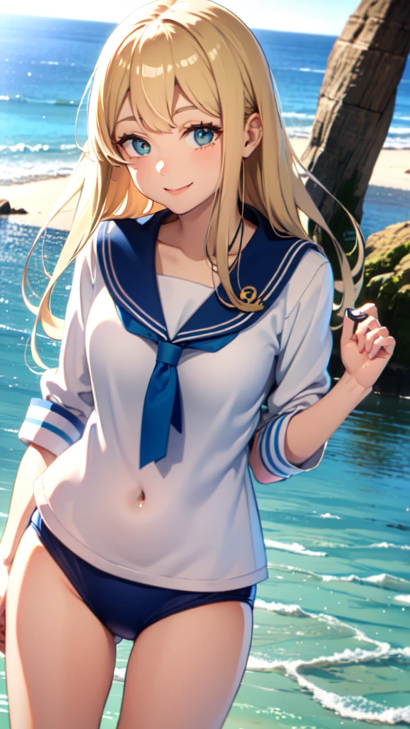 First place girl,Long straight hair,The right bangs,Light hair,Light Blonde Hair,Light green pupils,以blue、White-based clothes,Sailor Suit上衣,Tactics,Technology,Goggles,Modern,blue、白色紧身连体Swimsuit,连体Swimsuit,Swimsuit,Sailor SuitNavel短上衣,Navel,Sailor Suit,White halo,Gentle and lovely,Kind,Smile,迷人的Smile,one person,daytime,outdoor,high quality,Don’t overdo the composition,Masterpiece