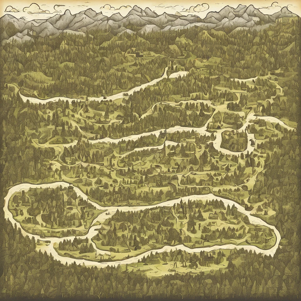 childlike_Boken_forest city illustration map, long paths, tenebrosa, black map