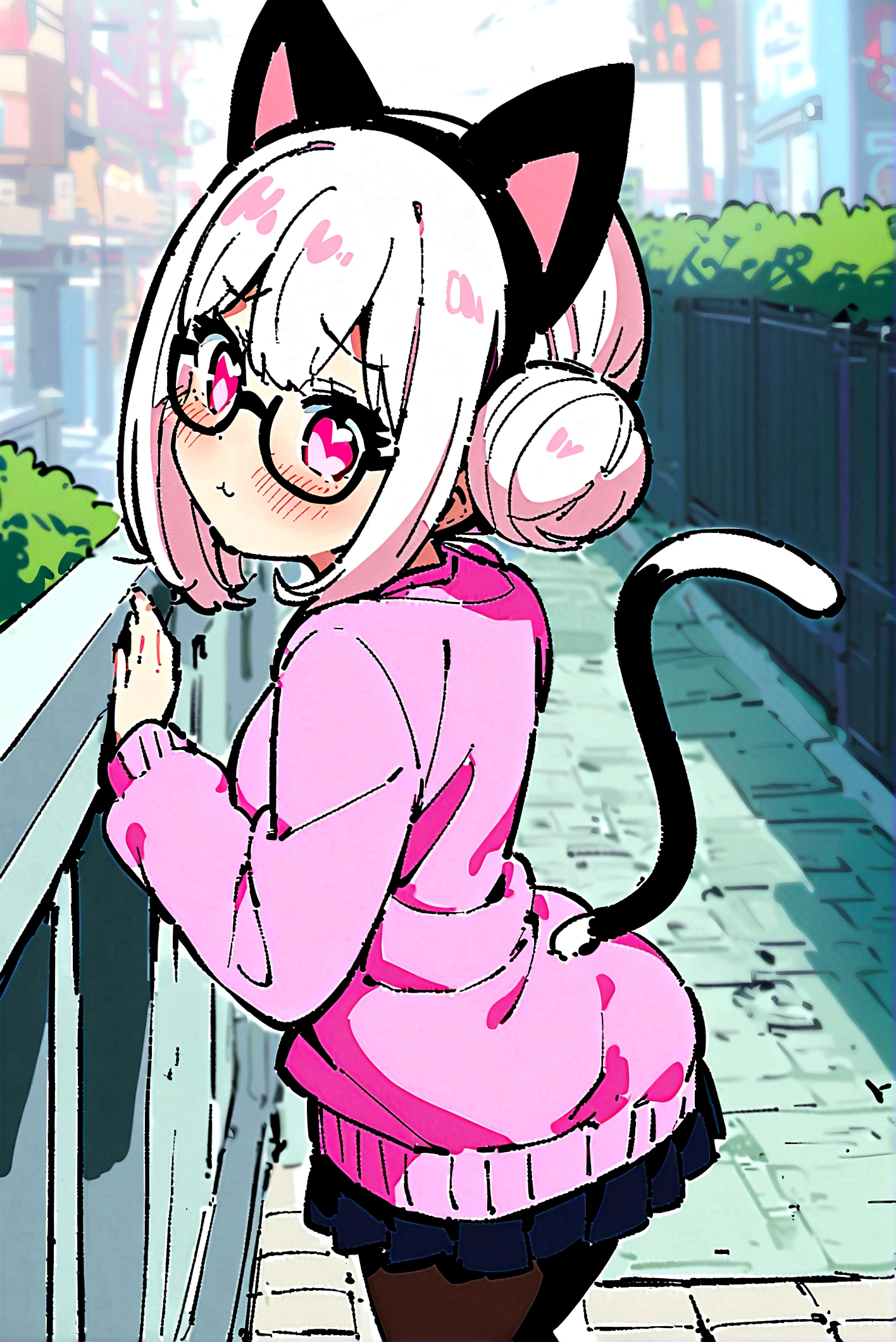 I have white pink hair, cat ears, a bun, my face is super blushing, black glasses, pink heart eyes, a big pink sweatshirt, a black skirt, black stockings, white shoes, a cat's tail, a girl. very shy I am on a fence with my back showing my butt