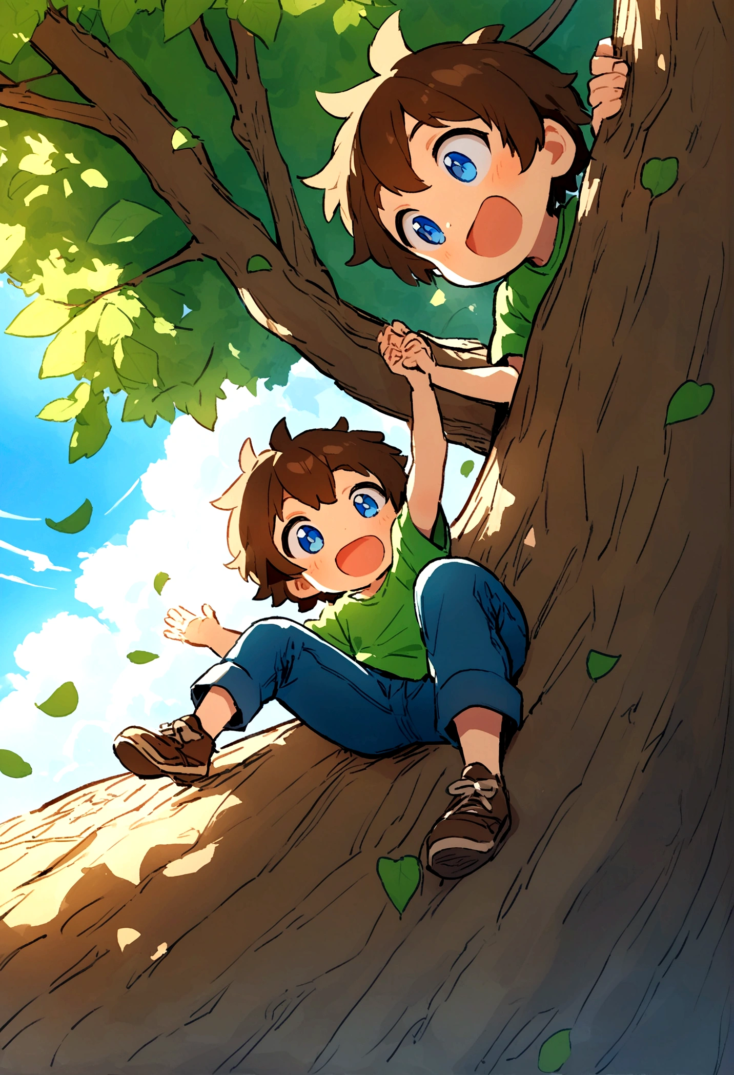 Jack is an eight-year-old boy with tousled brown hair and bright blue eyes. He wears worn-out blue jeans, a bright green t-shirt with a dinosaur on it, and sturdy brown sneakers. Jack is halfway up a tall, sturdy tree, his bright eyes sparkling with excitement and determination. The tree is lush with green leaves, and its branches spread out wide, providing plenty of handholds and footholds. Jack's hands grip a thick branch above him, while one of his feet is securely placed on a lower branch. Sunlight filters through the leaves, casting dappled shadows on Jack and the tree trunk. In the background, a peaceful village can be seen with charming houses and cobblestone streets, along with a clear blue sky overhead. Jack's joyful expression and adventurous spirit are evident as he climbs higher, exploring his surroundings from a new vantage point.