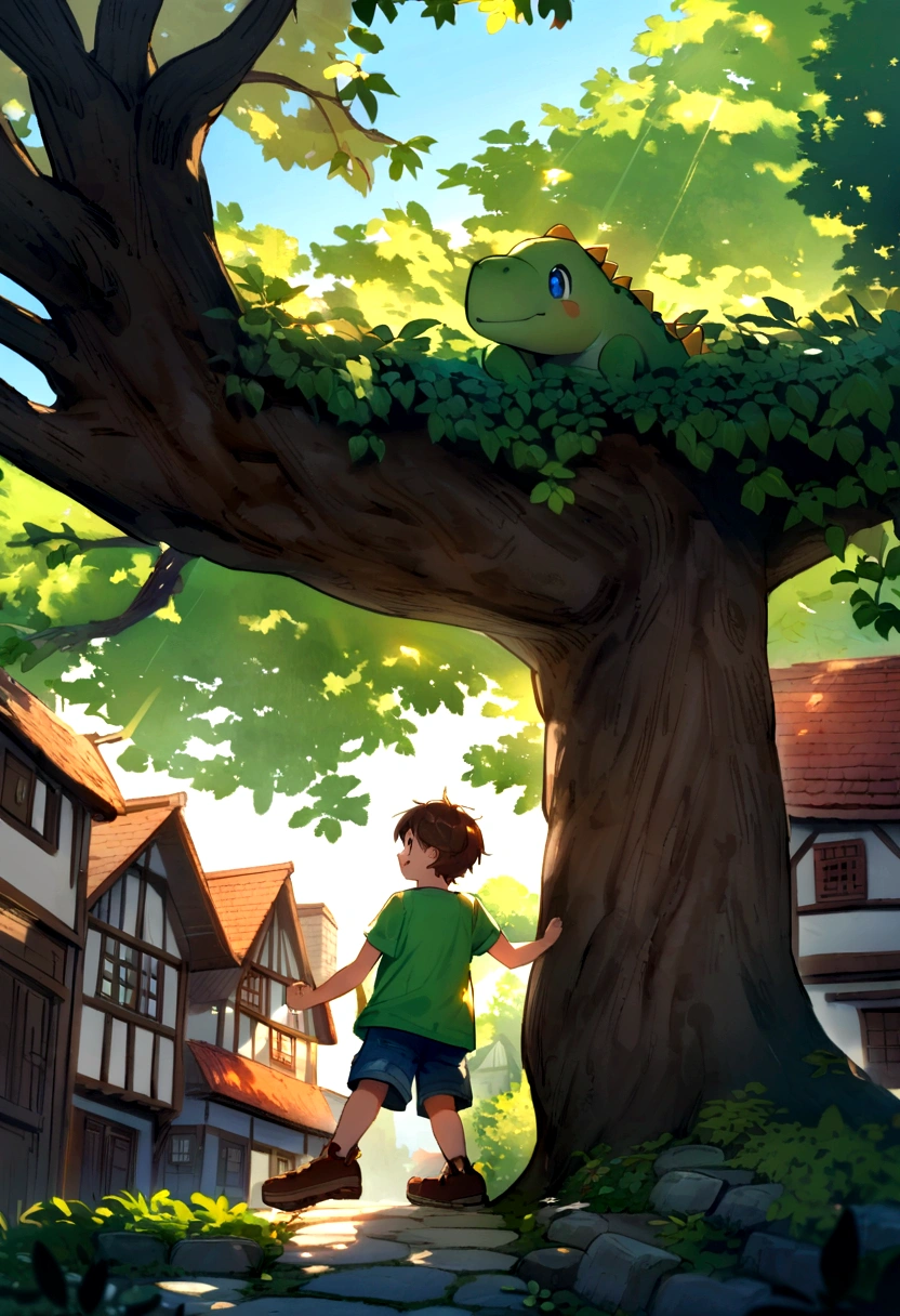 Jack is an eight-year-old boy with tousled brown hair and bright blue eyes. He wears worn-out blue jeans, a bright green t-shirt with a dinosaur on it, and sturdy brown sneakers. Jack is halfway up a tall, sturdy tree, his bright eyes sparkling with excitement and determination. The tree is lush with green leaves, and its branches spread out wide, providing plenty of handholds and footholds. Jack's hands grip a thick branch above him, while one of his feet is securely placed on a lower branch. Sunlight filters through the leaves, casting dappled shadows on Jack and the tree trunk. In the background, a peaceful village can be seen with charming houses and cobblestone streets, along with a clear blue sky overhead. Jack's joyful expression and adventurous spirit are evident as he climbs higher, exploring his surroundings from a new vantage point.
