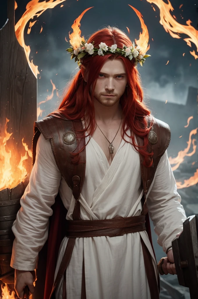 ultra detaild, realisitic, epic, God Thor, Red hair, giant hammer on shoulders, White linen clothes, and flower crown on head, with a serene expression on his face, and fire in the eyes