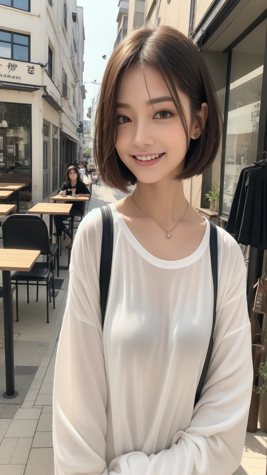 ((8K、Raw photo、Highest quality、masterpiece)、(Realistic)、(Highest quality)、(Best Shadow)、(Best illustrations)、Young Solo、Intellectual beauty、Perfect Proportions、Sexy、Cafe、solid、The best texture、goddess、Transparent muscle、Fashionable hairstyles、short hair、Cool and cute、double eyelid、Modeled、Sexy、Japanese、Beauty、she、Laughter、Cafeを楽しむ、Rough clothing、