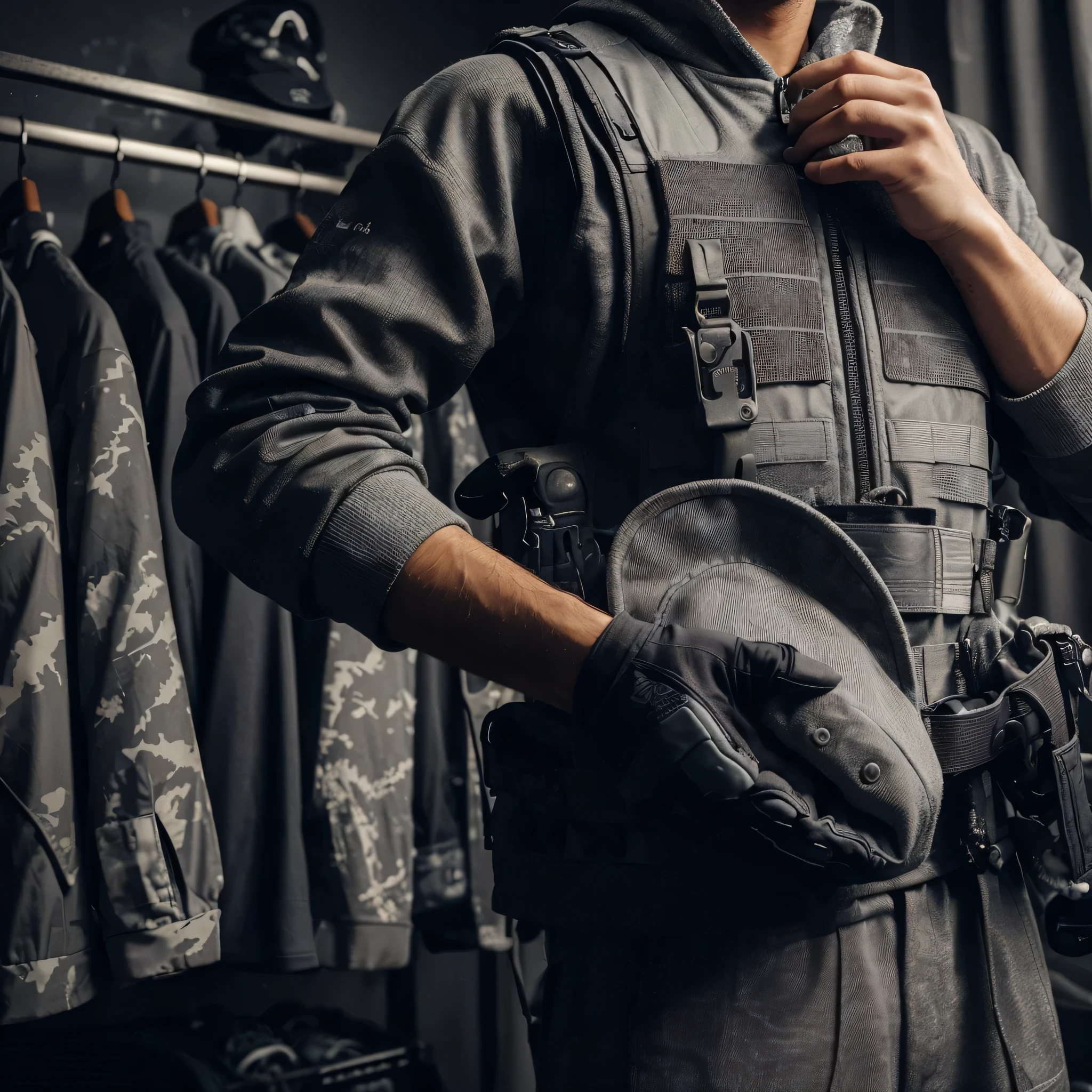 the hand of a man who is taking a hat, the arm is wearing a long-sleeved gray paintball uniform, the background is blurry in a paintball costume changing room decorated in gray, realistic, cinematic, very detailed, intricate design