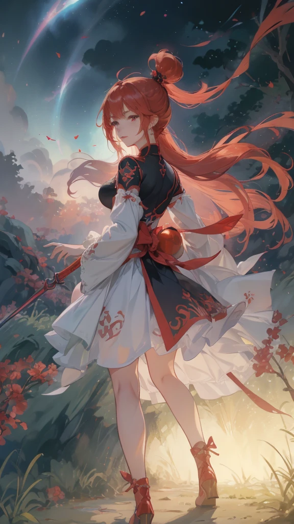 a close-up of a person with red hair and a sword, impacto de ayaka genshin, jogo ayaka impacto Genshin, keqing do impacto genshin, zhongli do impacto genshin, also, anime moe art style, genshin, cute anime waifu in a beautiful dress, female protagonist 👀 :8, demon slayer rui fanart, purple eye iris, disdainful expression, looking from bottom to top, view from the bottom, (( small red spherical piercing below the eyes)) , (a black, braided headband ),  (green forest in the background)
