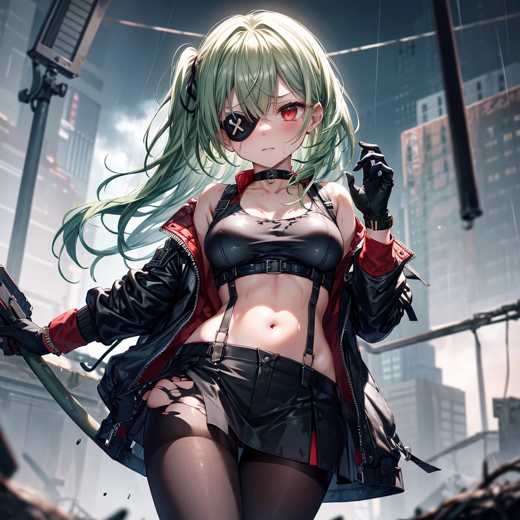 ((Highest quality)), ((masterpiece)), ((detailed)), (4K), 1girl, 独奏, (eyepatch), middle hair, green hair, crop top, leather jacket, large breasts, Torn miniskirt, suspender skirt, torn pantyhose, panties under pantyhose, choker, bracelet, (rain), ((wet)), gloves, see through, (expressionless), scowl, (from below), (looking down), looking at viewer, (open legs), wasteland, town