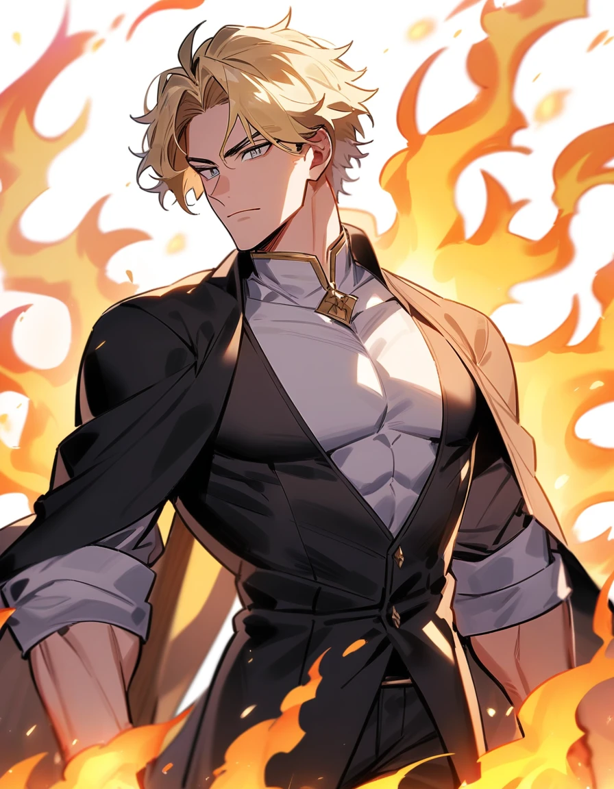 Bnha: 19-year-old boy with a muscular and robust body, grey eyes, clear and smooth skin, short wavy blonde hair, tall, handsomem, handsome, with fire energy aurond and flame energy aurond. arcanum. warlock.