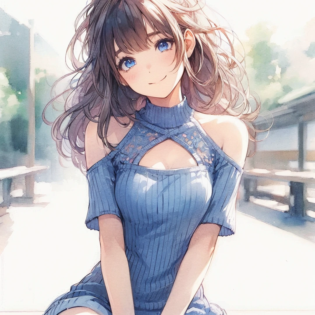 Official art using high-quality hand-drawn watercolor sketch techniques. (best quality,4k,8k,highres,masterpiece:1.2),ultra-detailed,beautiful detailed eyes,A girl with beautiful eyes, everyone, beautiful anime girl, cute anime girl, smooth anime art, anime style, elegant colors, soft lighting, delicate beautiful eyes, very coquettish, (beautiful large breast:1.2), (correct hands:1.2),
