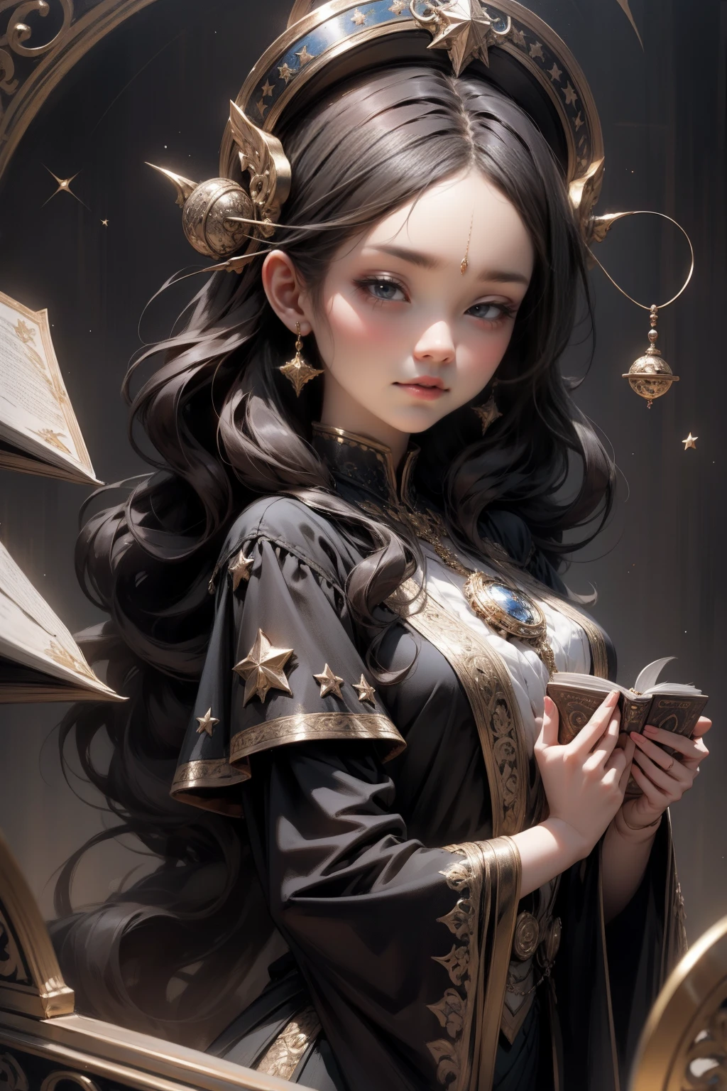 Highest quality, 16K, Unbelievably absurd, Very detailed, 2.5D, delicate and dynamic, , formal, Fortune Telling Hut, Gothic, candle, Astrology Books, Suspicious ornament, Star Chart, Thick book, Creepy Paintings, Gargoyle, A colorful celestial globe, Small face, Very delicate facial expressions, Delicate eye depiction, Upper body close-up, erotic, One sexy woman, Cool woman, black long wavy hair, Healthy body shape, 25-year-old woman, Cool woman, Height: 170cm, huge bouncing busts, astrologer, Horoscope, Tarot Cards, Suspicious look, A complex magician's outfit, Magician's outfit in chic colors, garter belt, Fishnet tights, Magician's Shoes, At the desk, Fortune telling,