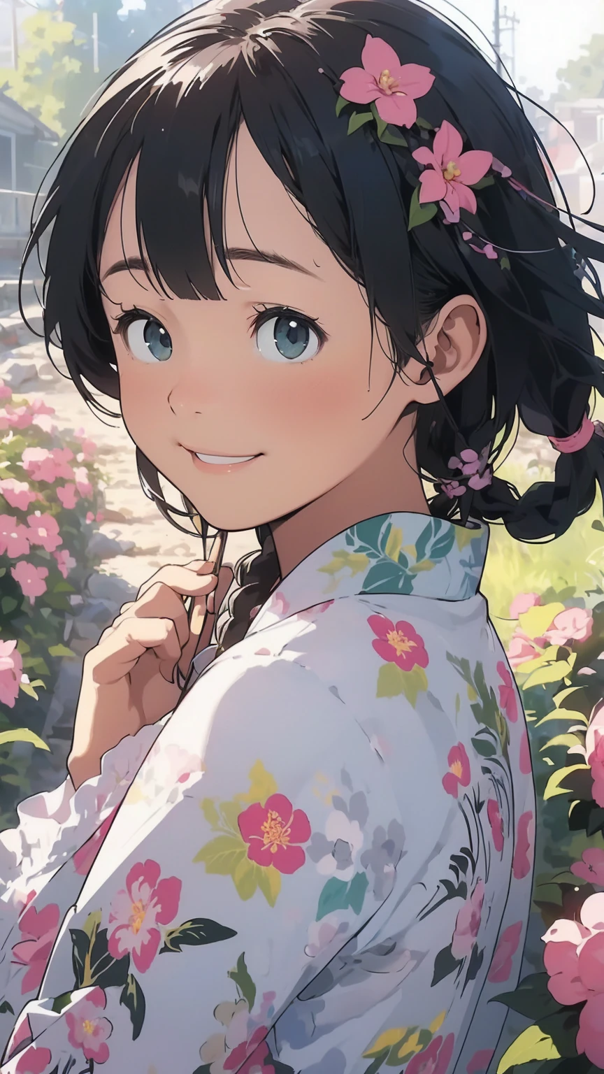 Reasonable design, Clear lines, High Sharpness, (Highest quality,8K,Perfect sharpness,Ultra fine,High resolution,masterpiece:1.2), Perfect Anatomy:1.5, Official Art, Illustrations that tell a story, (Whitish background:0. 9）、Body Positivity、多Mr.な身体表現、（Random and energetic poses）、Perfect beauty、Perfect beautiful face、Strong winds、A rich expression、Dynamic composition、smile、Golden ratio composition、colorful、（(Mr.々Different angles and perspectives)）、Anime Art、(Mini dress)、（Overcoming stereotypes）、 Glowing Skin、（Natural beauty）、smile、Bangs、（Soft and flowing hair）、（countryside）、（Nostalgic atmosphere）、Put it up to your thighs、（Playful and carefree）、（多Mr.な民族のキャラクター）、（innocent attitude）、（Sunny atmosphere）、(The skirt flutters wildly in the wind)、（Bright colors）、Beautiful Eyes、(Embarrassing)、Braided Hair、Summer Scene、Smiling among flowers、Side angle、