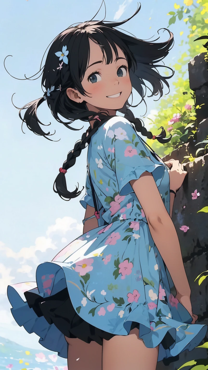 Reasonable design, Clear lines, High Sharpness, (Highest quality,8K,Perfect sharpness,Ultra fine,High resolution,masterpiece:1.2), Perfect Anatomy:1.5, Official Art, Illustrations that tell a story, (Whitish background:0. 9)、Body Positivity、多Mr.な身体表現、(Random and energetic poses)、Perfect beauty、Perfect beautiful face、Strong winds、A rich expression、Dynamic composition、smile、Golden ratio composition、colorful、((Mr.々Different angles and perspectives))、Anime Art、(Mini dress)、(Overcoming stereotypes)、 Glowing Skin、(Natural beauty)、smile、Bangs、(Soft and flowing hair)、(countryside)、(Nostalgic atmosphere)、Put it up to your thighs、(Playful and carefree)、(多Mr.な民族のキャラクター)、(innocent attitude)、(Sunny atmosphere)、(The skirt flutters wildly in the wind)、(Bright colors)、Beautiful Eyes、(Embarrassing)、Braided Hair、Summer Scene、Smiling among flowers、Side angle、