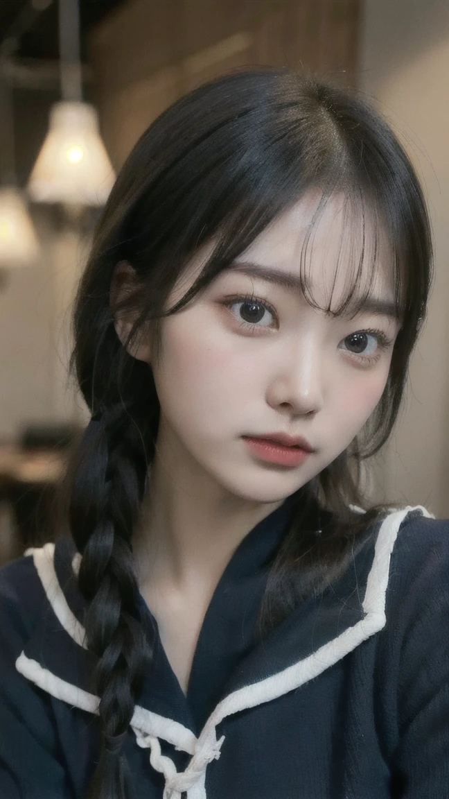 Portrait of a young East Asian girl in a navy blue and white sailor-style . She has long black hair styled in two braids, with straight bangs across her forehead. The girl has large, dark eyes and a small, delicate nose. Her expression is neutral, looking directly at the camera. The background shows a dark blue wooden wall with some green ivy or vine leaves visible to the side. The lighting is soft and natural, creating a slightly moody atmosphere. High-resolution image with sharp focus on the face