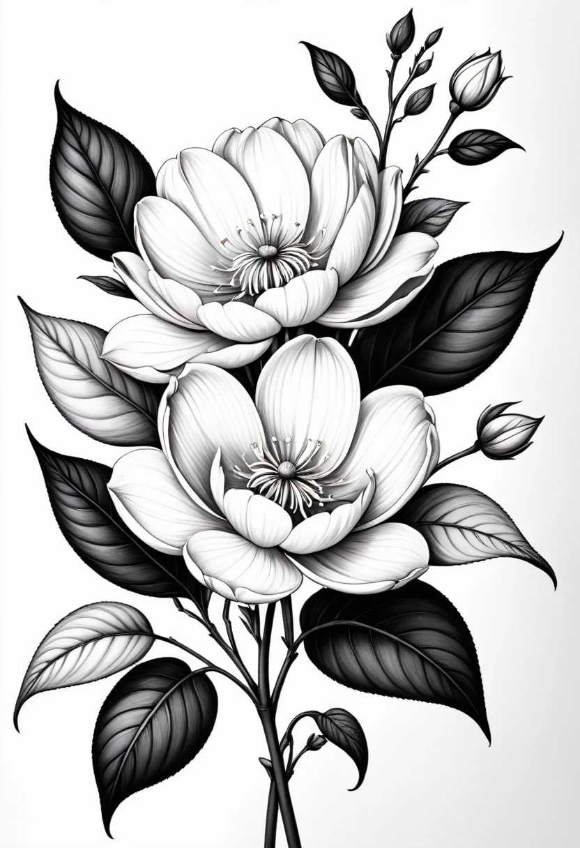 drawing of linha fina sem sombreado e sem áreas pretas, drawing of "
perfect love flower", On white background, monochrome, black andwhite, no shadows, white background, clear leaves, white sheets, light white leaves