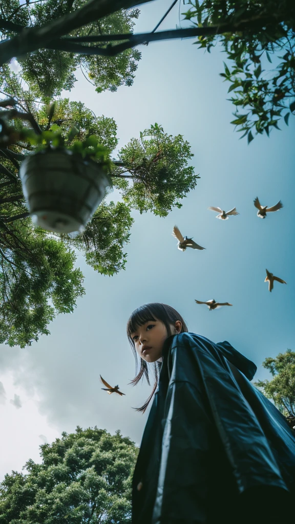 ((crane))、bird、Rainy Sky、1girl,from below