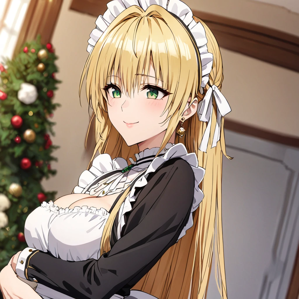 The luxurious and high-class Victorian maid outfit is evenly decorated with gorgeous gold embroidery and edging, and the blouse, apron, and headband also have gorgeous gold embroidery and edging.、((Highest quality)), ((masterpiece)), (detailed), (Perfect Face)、The woman is Tierre, with green eyes, medium-long blonde hair, a Victorian maid outfit and maid headband, jeweled earrings, and an engagement ring.、The woman is smiling fondly in a luxurious room、The Victorian maid uniform is a calm, old-fashioned type with long sleeves and a long skirt, decorated with luxurious gold embroidery and edging.、The woman holds her baby daughter in her arms