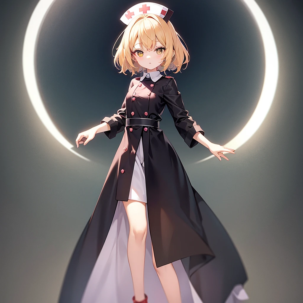 ((nurse)),Pale pink clothes,Cute little ,Tiny ,Small girl,,Childish face, Very fine clean face,Top quality,Straight Hair,Yellow hair,(Dark Room), Subtle light, Natural light,Soft lighting,Light from directly behind,(Open your hands), (Are standing),Front view,Black background