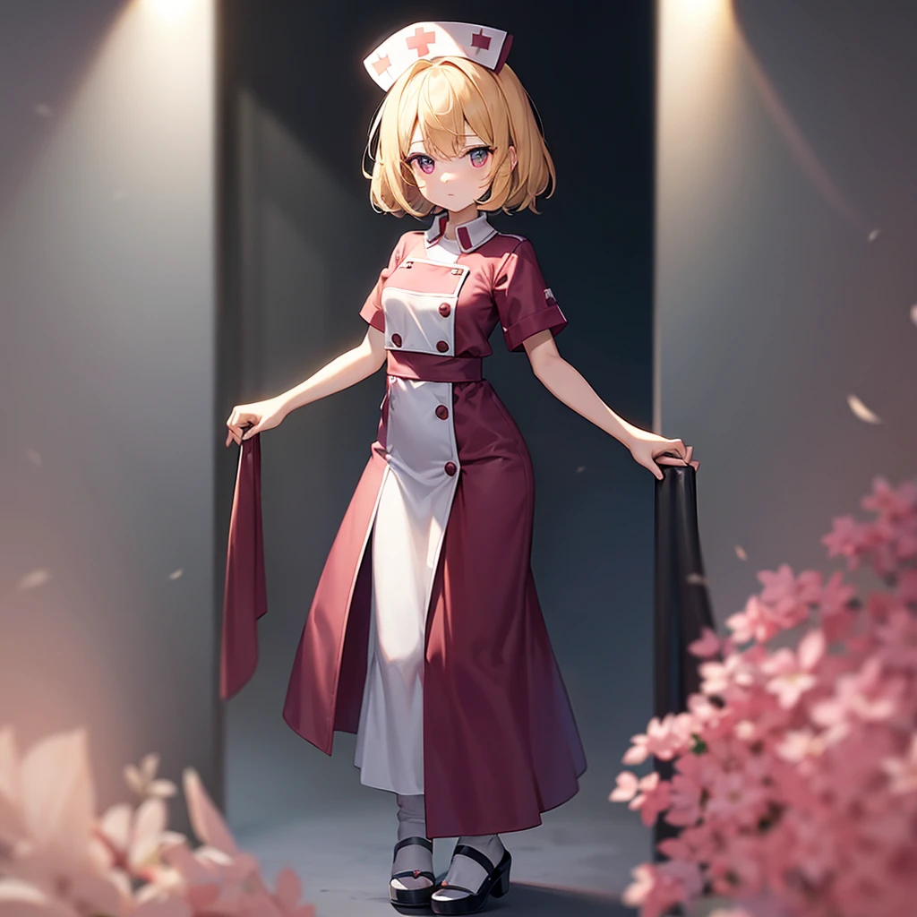 ((nurse)),Pale pink clothes,Cute little ,Tiny ,Small girl,,Childish face, Very fine clean face,Top quality,Straight Hair,Yellow hair,(Dark Room), Subtle light, Natural light,Soft lighting,Light from directly behind,(Open your hands), (Are standing),Front view,Black background