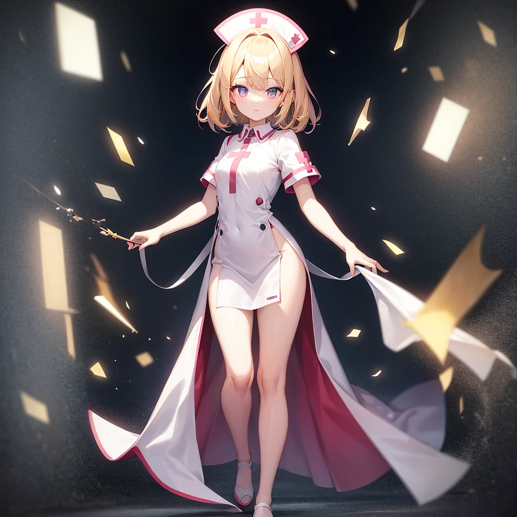 ((nurse)),Pale pink clothes,Cute little ,Tiny ,Small girl,,Childish face, Very fine clean face,Top quality,Straight Hair,Yellow hair,(Dark Room), Subtle light, Natural light,Soft lighting,Light from directly behind,(Open your hands), (Are standing),Front view,Black background