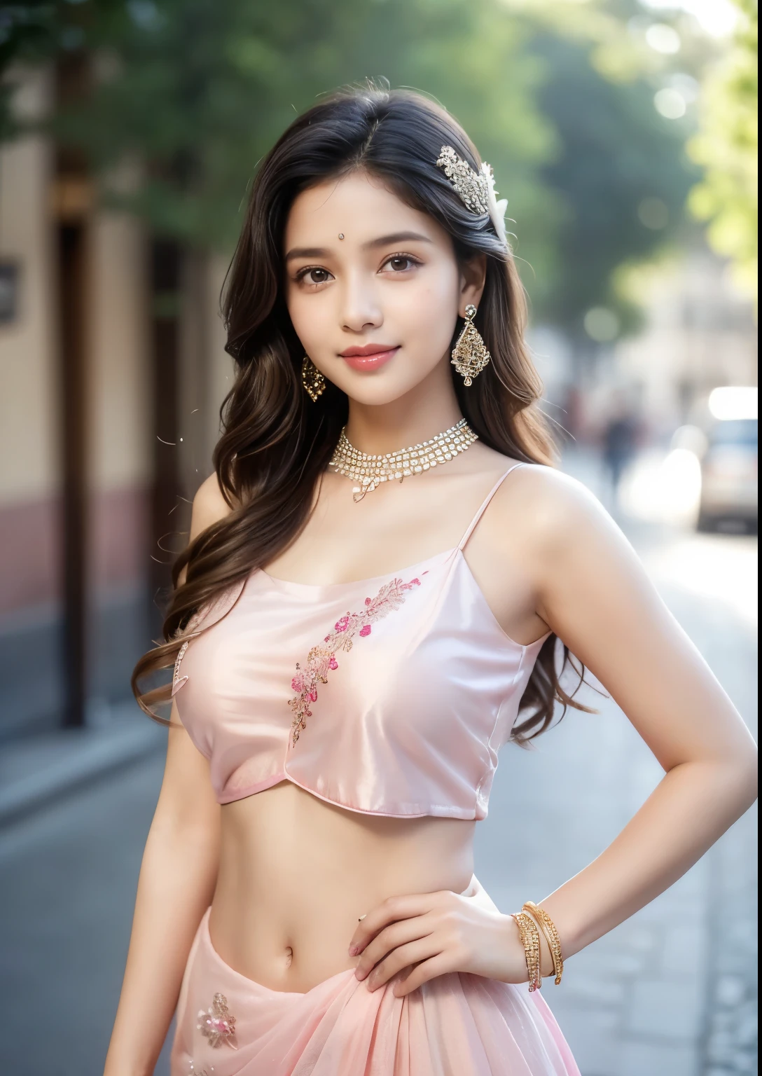 (((desi indian young 15 aged girl))), 15 years girl, cute and pretty face, natural skin, wearing hot deep neck pink top and dupatta, charming black hair, ((hair ends are blonde)), city streets background,(wearing simple jewellery), super Round Young Breast, Pretty cute Navel, Soft Ovel Navel, Slender girl, bright light, long_hair, Bokeh, indian ,tree branch, colourfull,pink princess dress((choli:1.2,short:1.1), smile, pretty, cute, 4k, 8k, CG unity 8k wallpaper, depth of field, ray tracing, perfect figure, sweet round breasts, romantic Eyes, Romantic smile, Romantic Standing Angle, stylish curved angle, one hand on hip angle, Bright skin, glow face, glow skin,