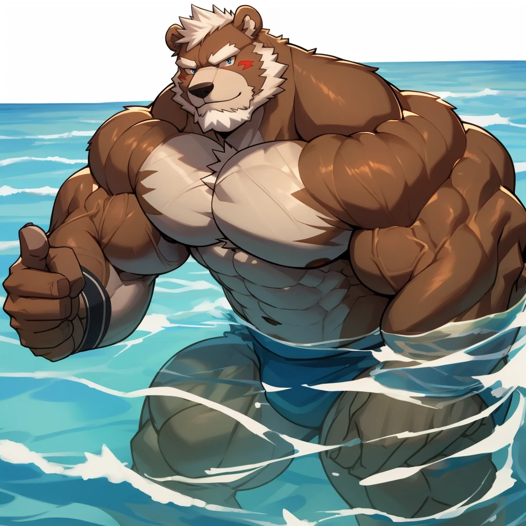 Solo, 1boy, a huge muscular furry Grizzly bear old man pumping at Muscle beach, huge shoulder muscle, shirtless, muscle, strong man, strong bear, huge muscle, short hair, bearded, mustache, white hair and beard, massive body, black swim trunks, heavy brown fur, wristbands, wrinkles, strong muscle, strong and brave, masterpiece, massive muscular, five fingers, correct anatomy, commission for high res, male, good art, tropical art, very very beautiful art,
