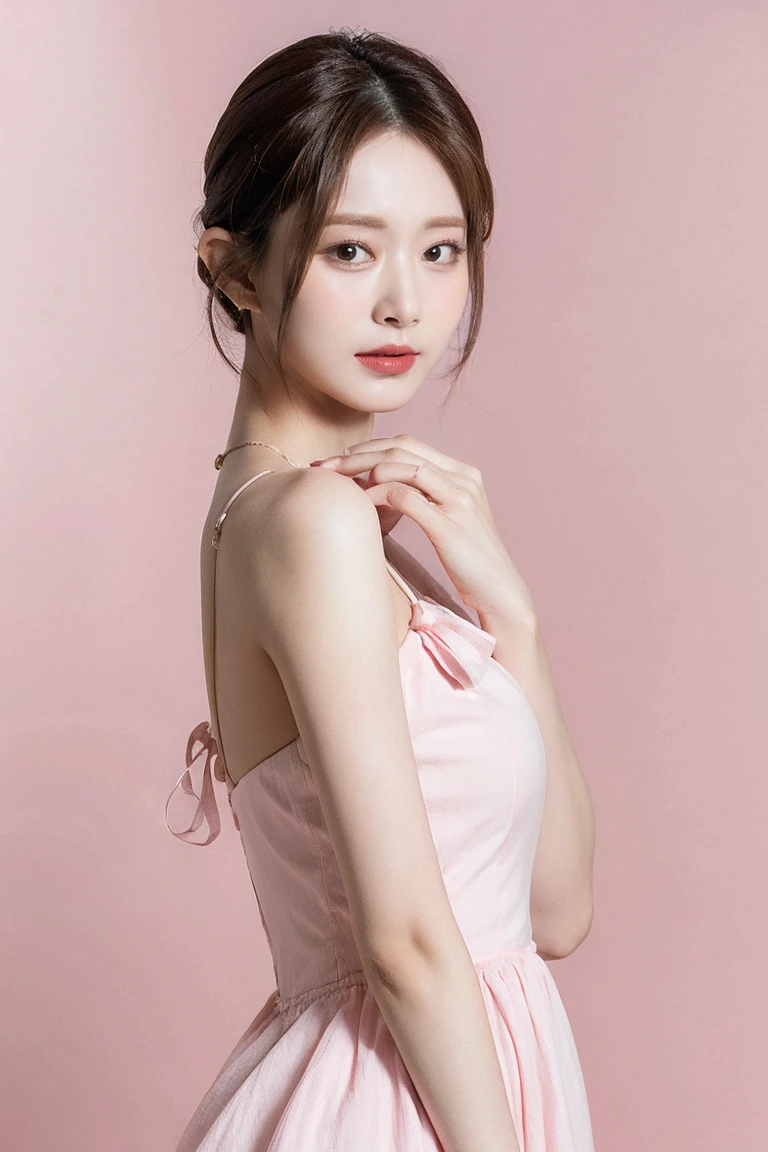 21yo girl, beautiful dress, pink background, short hair