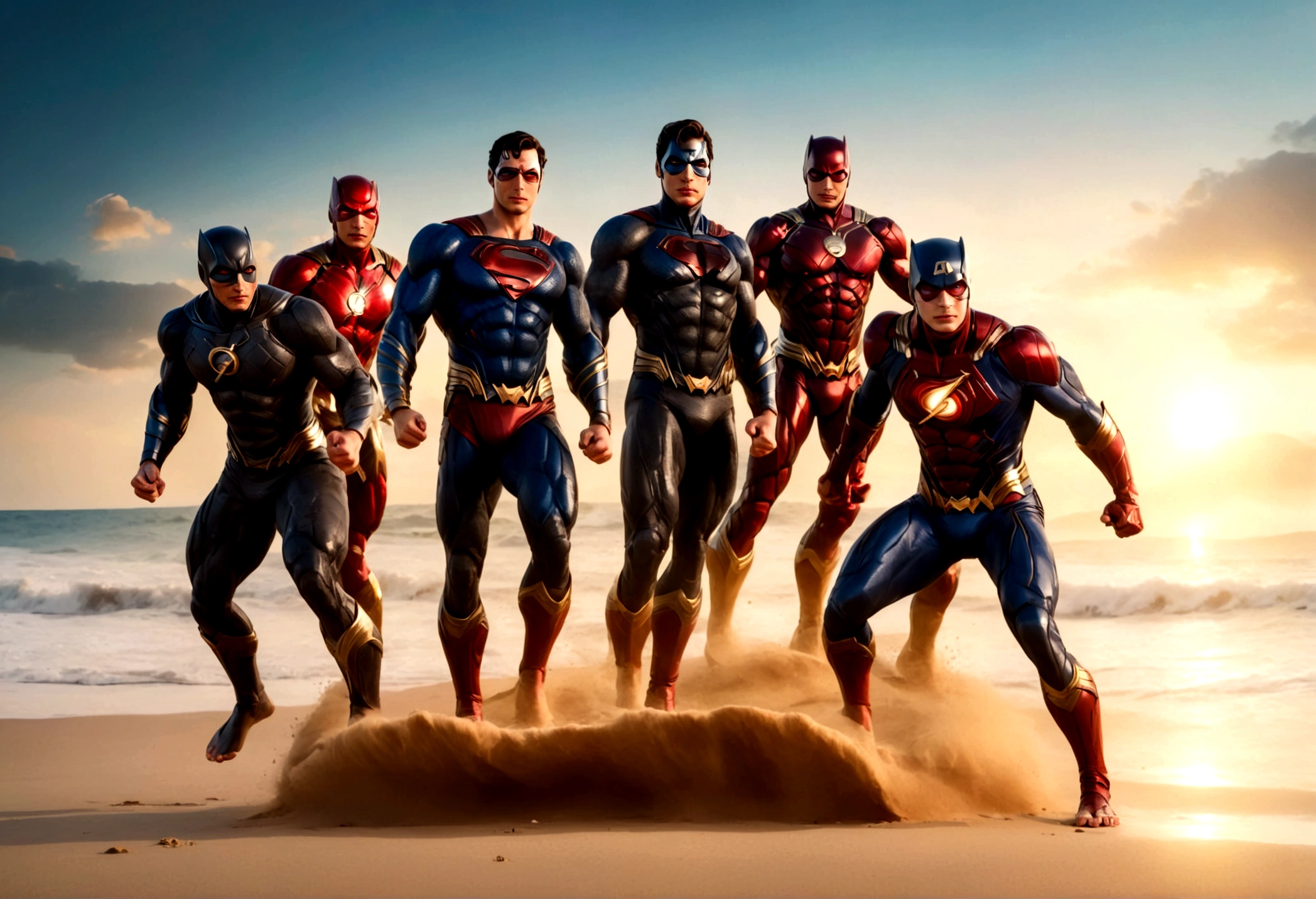 a group of superheroes playing volleyball on a beach, DC justice league vs marvel avengers, 5 players per team, relaxing super costumes, (best quality,4k,8k,highres,masterpiece:1.2),ultra-detailed,(realistic,photorealistic,photo-realistic:1.37),dramatic lighting, beautiful detailed eyes, beautiful detailed lips, extremely detailed eyes and face, long eyelashes, muscular athletic bodies, flying sand, ocean waves, golden sunset sky, vibrant colors, dramatic action poses
