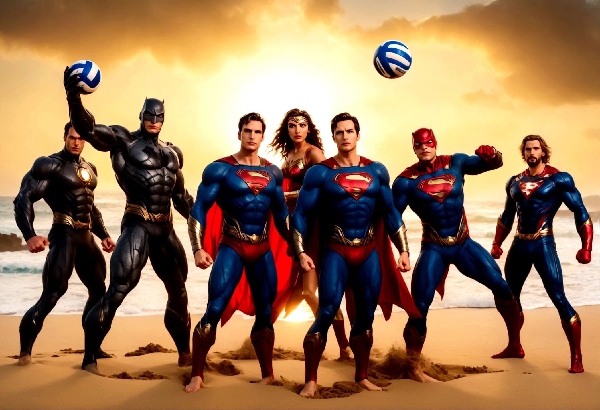 a group of superheroes playing volleyball on a beach, DC justice league vs marvel avengers, 5 players per team, relaxing super costumes, (best quality,4k,8k,highres,masterpiece:1.2),ultra-detailed,(realistic,photorealistic,photo-realistic:1.37),dramatic lighting, beautiful detailed eyes, beautiful detailed lips, extremely detailed eyes and face, long eyelashes, muscular athletic bodies, flying sand, ocean waves, golden sunset sky, vibrant colors, dramatic action poses