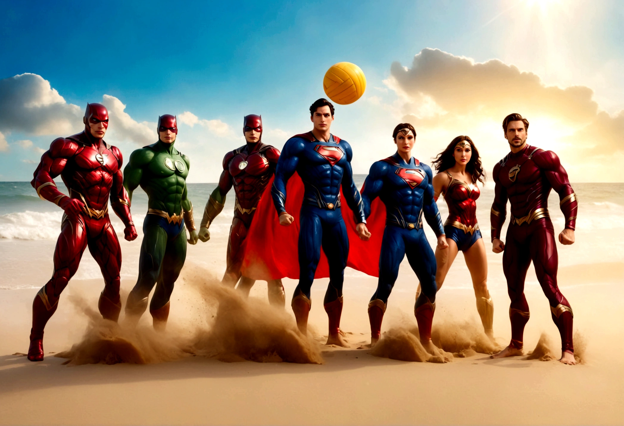 a group of superheroes playing volleyball on a beach, DC justice league vs marvel avengers, 5 players per team, relaxing super costumes, (best quality,4k,8k,highres,masterpiece:1.2),ultra-detailed,(realistic,photorealistic,photo-realistic:1.37),dramatic lighting, beautiful detailed eyes, beautiful detailed lips, extremely detailed eyes and face, long eyelashes, muscular athletic bodies, flying sand, ocean waves, golden sunset sky, vibrant colors, dramatic action poses