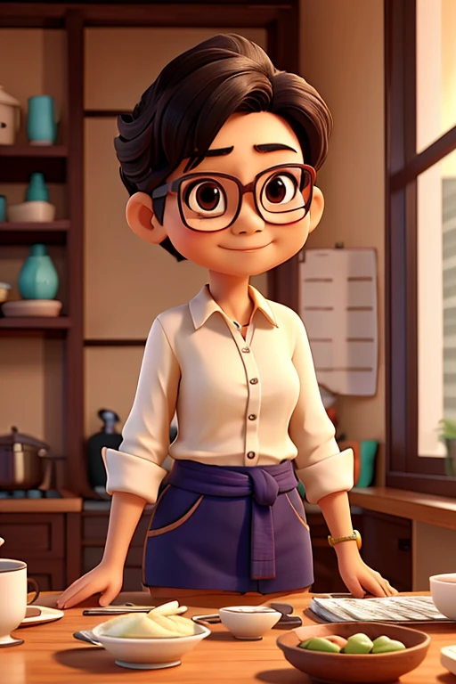 Thai woman, age 55, short hair, glasses.