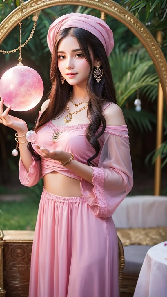 Beautiful gypsy woman tarot card fortune teller、young woman、Holding a very large, shiny crystal ball in both hands、Facing forward、Cute pink outfit、looking at the camera、The background is a fortune-telling parlor、