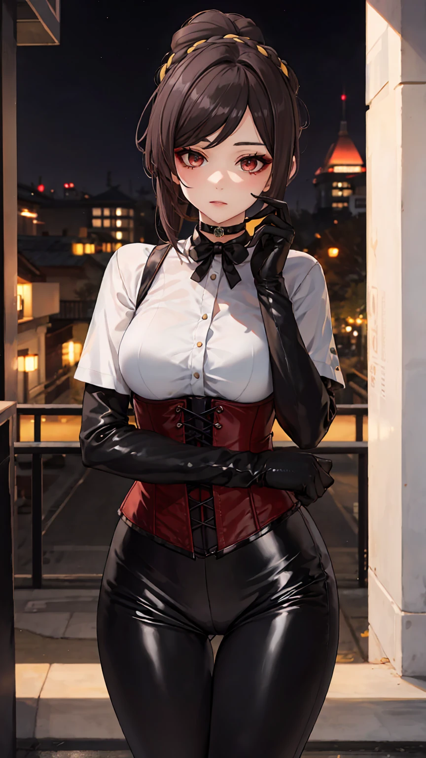 1 girl, Chiori \(genshin impact\), Alone, choker:1.6, White long sleeve shirt with long sleeve collar, black leather corset, black gloves that cover your hands, shiny black leggings, looking at the viewer,, inside, depth of field, expressionless, alley, at night