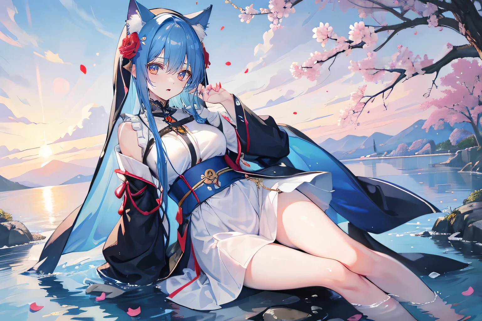 (masterpiece:1.2),Super detailed,lifelike,Expressive eyes,fair skin,perfect face shape,1 girl,
Japanese comics,Gorgeous blue hair,flowing blue hair,flowing clothes,Cat ears,Petals fall,beautiful lola,Baby Angel,
Shaking head with one hand,Cross your legs,,The pavilion is cool and comfortable,smile,back views,sunrise,Petals fall, winter,lie on the water,Nun's Clothes,stately church。