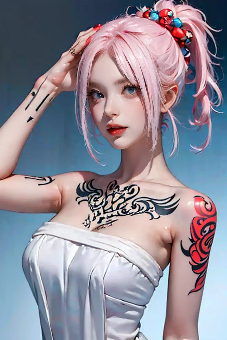 (Chest puffing pose),(Random Hairstyles),(Best image quality,(8K),Ultra-realistic,最high quality, high quality, High resolution, high quality,Attention to detail, White-pink hair, blue eyes, Red dress,(((Tight waist))), ((Large Breasts)),(See-through),(((He has many tattoos all over his body)),NSFW,