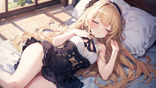 floor、mini skirt,Clothes with intricate details,Bright,Swimsuit,one person,blond,Sexy、Deep sleep、long hair、Stockings