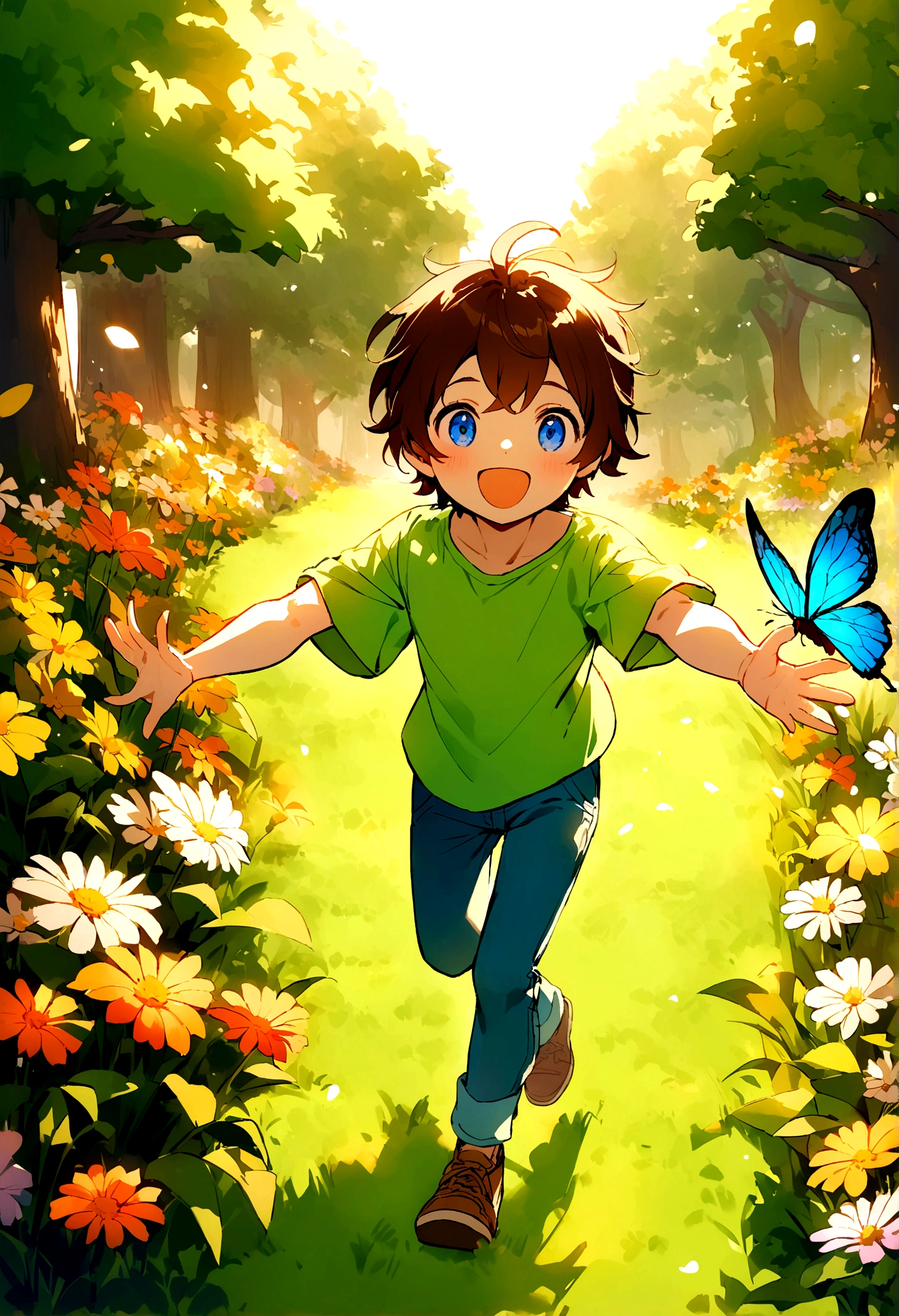 Jack is an -year-boy w tousled brown hair and bright blue eyes. He wears worn-out blue jeans, a bright green t-shirt with a dinosaur on it, and sturdy brown sneakers. Jack is running through a field, his arms outstretched towards a colorful butterfly fluttering just ahead of him. His face is lit up with excitement and joy as he tries to catch the elusive insect. The field is filled with tall grass and wildflowers, swaying gently in the breeze. Sunlight filters through the leaves of nearby trees, casting warm dappled patterns on the ground. In the distance, a quaint village can be seen with its charming houses and winding paths. Jack's playful and energetic spirit is captured in this moment of youthful adventure and exploration.