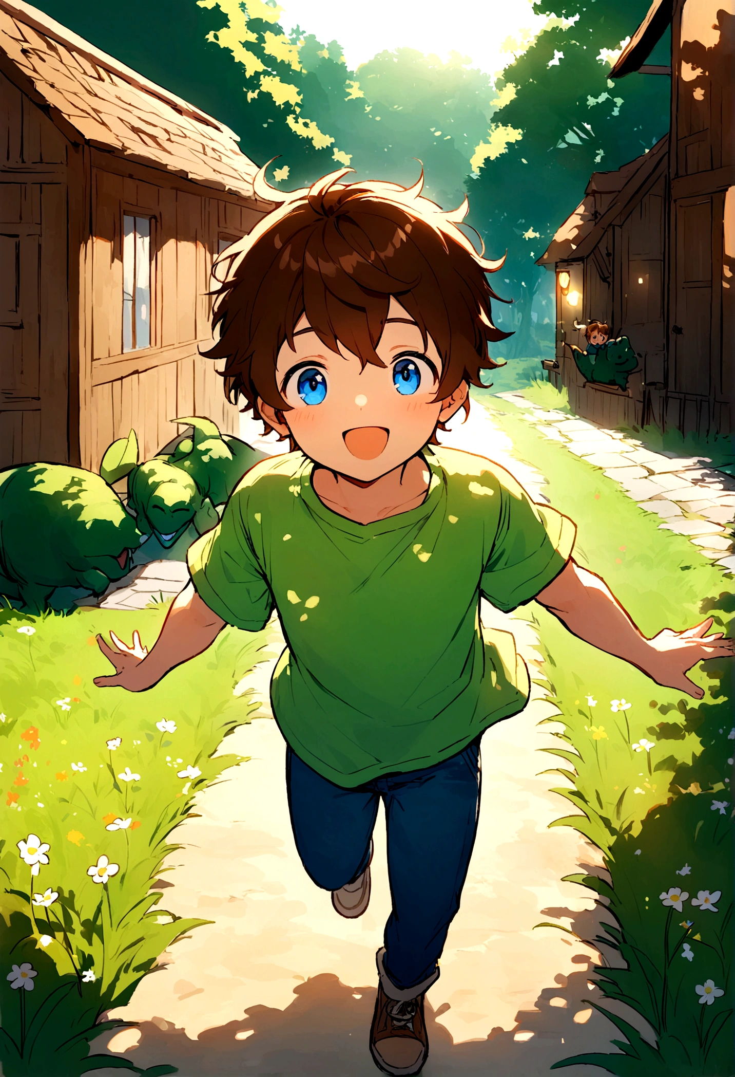 Jack is an -year-boy w tousled brown hair and bright blue eyes. He wears worn-out blue jeans, a bright green t-shirt with a dinosaur on it, and sturdy brown sneakers. Jack is running through a field, his arms outstretched towards a colorful butterfly fluttering just ahead of him. His face is lit up with excitement and joy as he tries to catch the elusive insect. The field is filled with tall grass and wildflowers, swaying gently in the breeze. Sunlight filters through the leaves of nearby trees, casting warm dappled patterns on the ground. In the distance, a quaint village can be seen with its charming houses and winding paths. Jack's playful and energetic spirit is captured in this moment of youthful adventure and exploration.